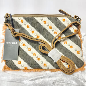 Myra S-12180 Canyon Skies Small Crossbody Bag w/ Diagonal Stripes & Orange Beads
